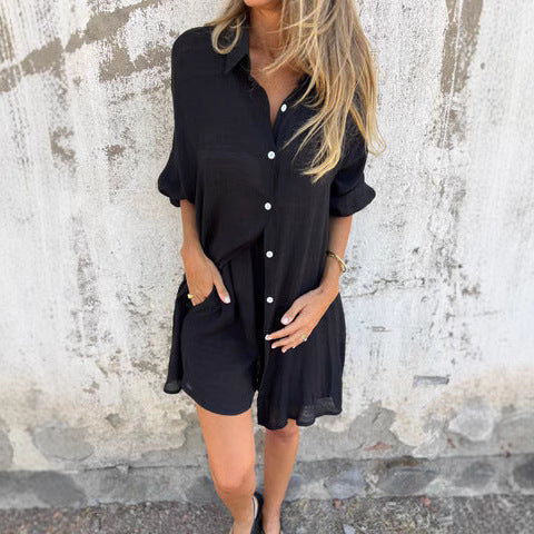 Damen legeres Baumwoll-Shorts-Set mit oversized Hemd und elastischem Bund R&B