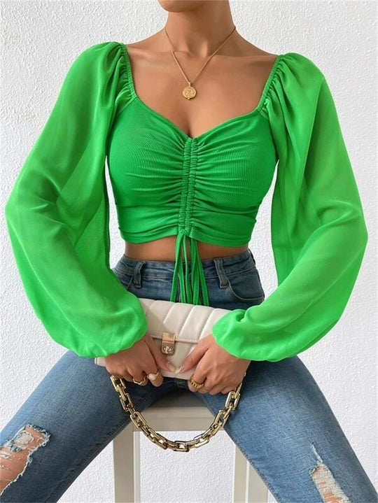 Damen Crop-Top mit strukturiertem Körper und eleganten Puffärmeln R&B