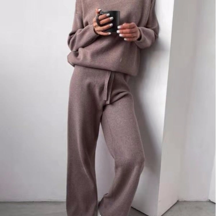 Damen kuscheliges Strick-Loungewear-Set mit weiten Hosen und elegantem Rundhalsausschnitt R&B