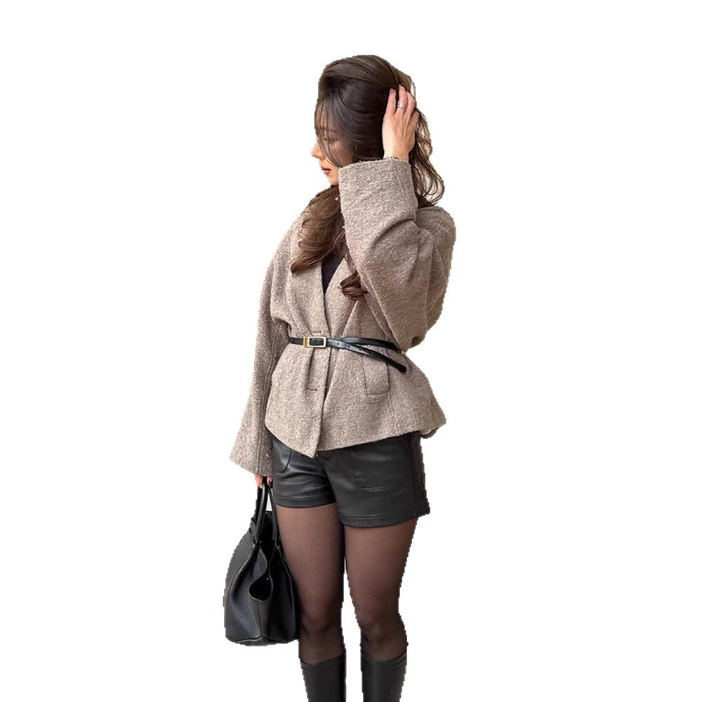 Damen Oversized Wolljacke mit Gürtel und weiten Ärmeln R&B