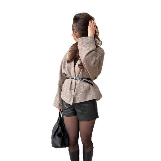 Damen Oversized Wolljacke mit Gürtel und weiten Ärmeln R&B