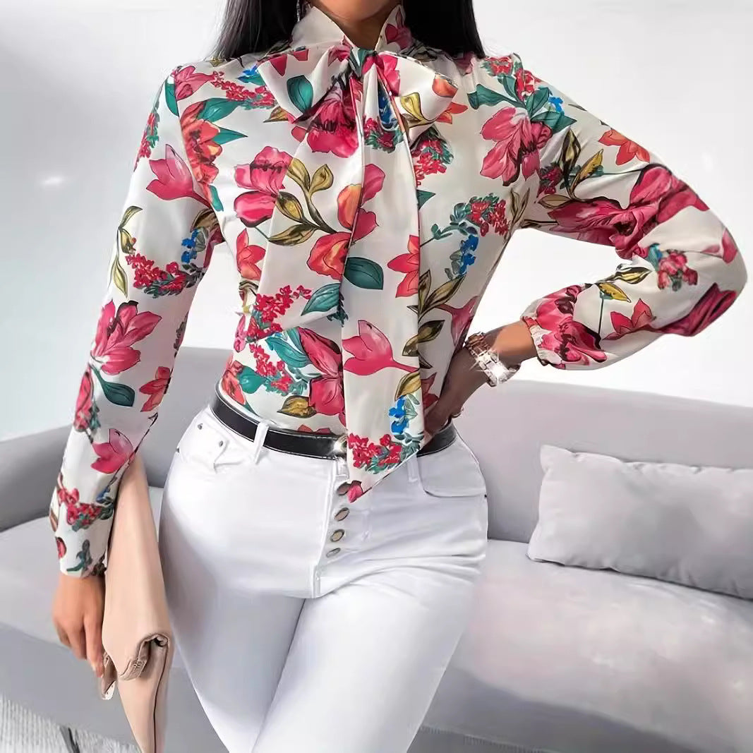 Damen Bluse mit Schleifen-Detail und floralem Design R&B