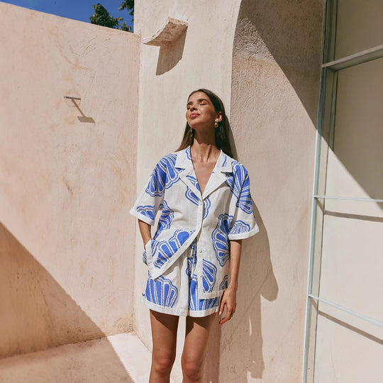 Damen Sommerliches Kurzarm-Set mit maritimem Muschel-Design und lockerer Passform R&B