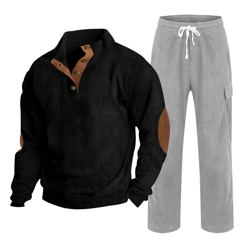Herren nan Strick-Freizeitset mit Knopfleiste und Ellenbogenaufnähern sowie Cord-Cargohose R&B