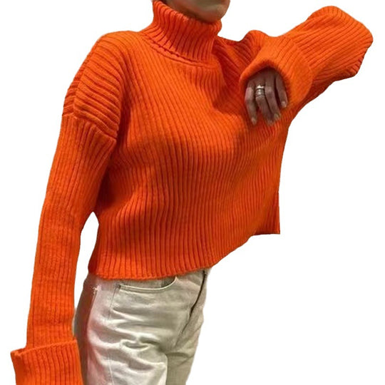Damen Crop-Pullover mit hohem Kragen und asymmetrischem Schnitt R&B