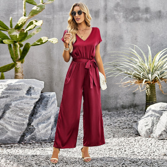 Damen Elegant geschnittener Jumpsuit mit weitem Bein und Taillengürtel R&B
