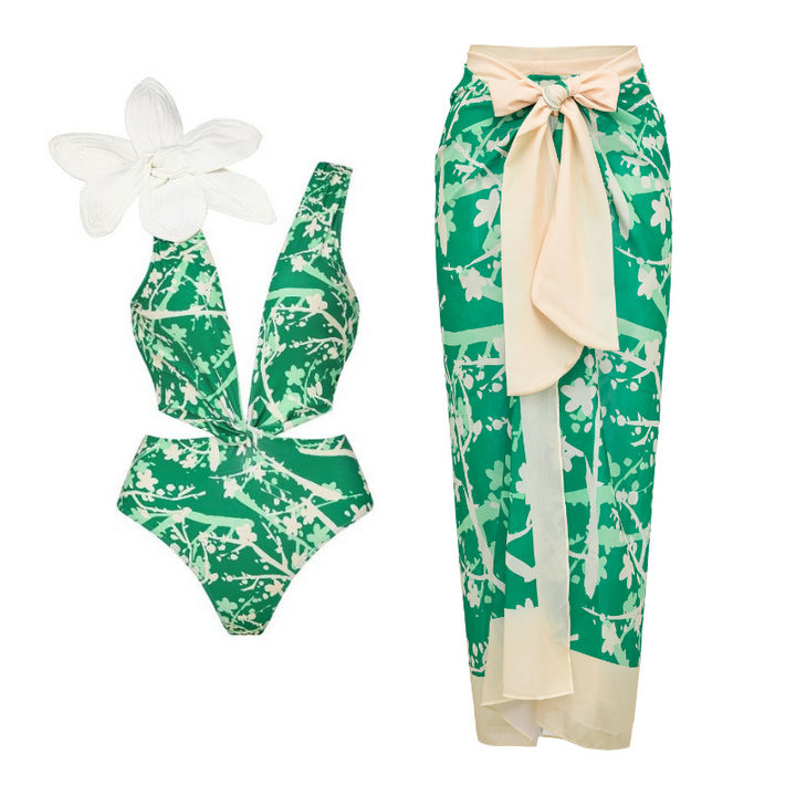 Damen Bikiniset mit besonderem Blumendekor und langem Wickelrock R&B