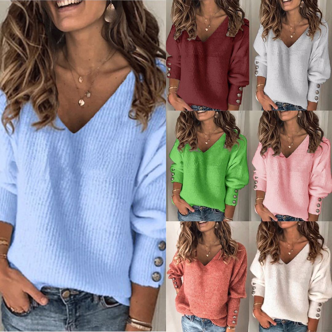 Damen Strickpullover mit V-Ausschnitt und dekorativen Knöpfen R&B