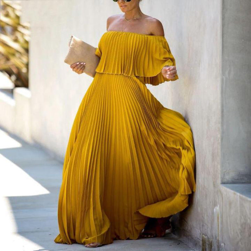 Damen Maxikleid mit asymmetrischem Plisseefall und schulterfreiem Design R&B
