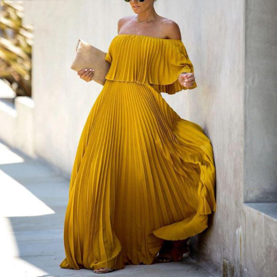 Damen Maxikleid mit asymmetrischem Plisseefall und schulterfreiem Design R&B