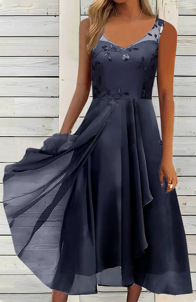 Damen nan A-Linien-Chiffonkleid mit floralem Stickoberteil, V-Ausschnitt, drapiertem Godet-Schwung und verdeckten Seitentaschen R&B