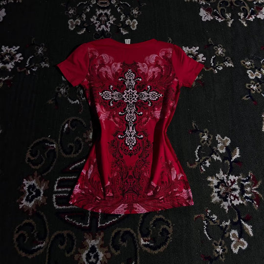 Damen T-Shirt mit dekorativem Kreuzdesign und floralen Akzenten R&B