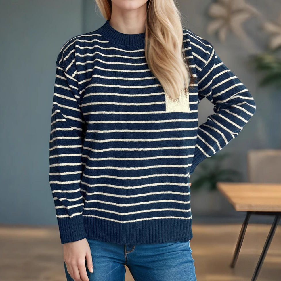Damen lässiger Strickpullover mit breitem Streifenmuster und überschnittenen Schultern R&B