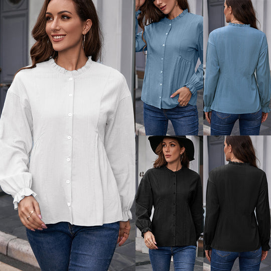 Damen Bluse mit Rüschensaum und Knopfdetails R&B