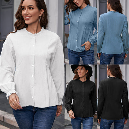 Damen Bluse mit Rüschensaum und Knopfdetails R&B