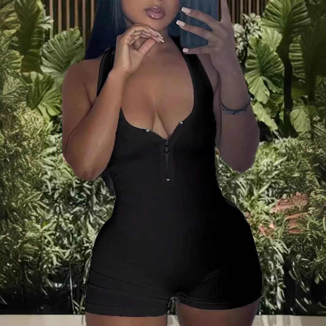 Damen Jumpsuit mit tiefem V-Ausschnitt und Reißverschluss R&B