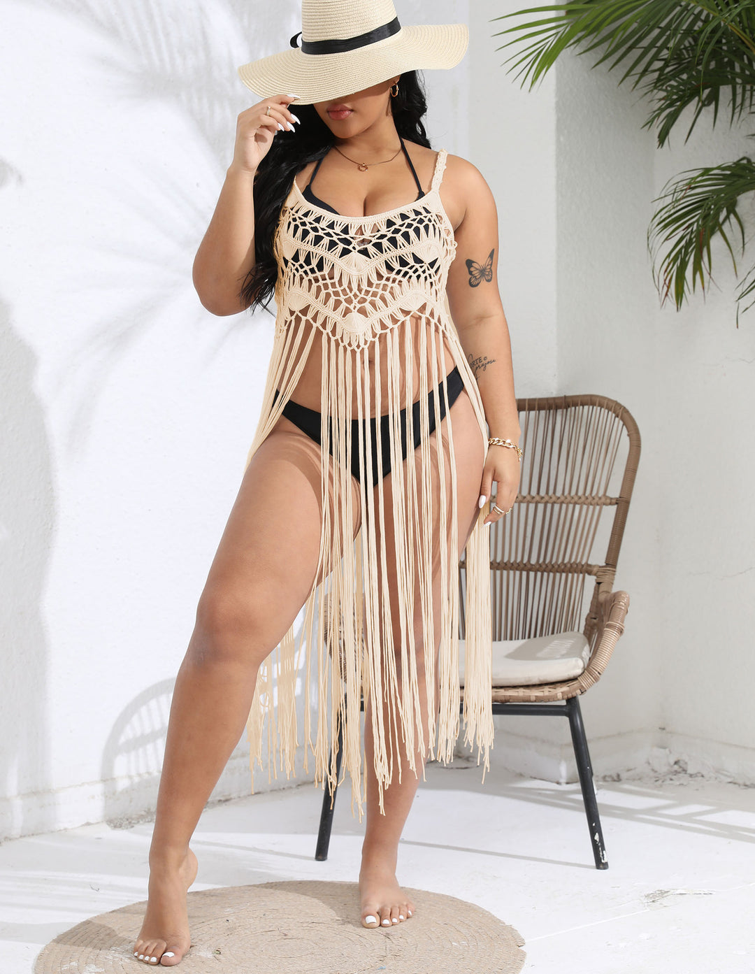 Damen gehäkelter Strandüberwurf mit fransenverziertem Design R&B