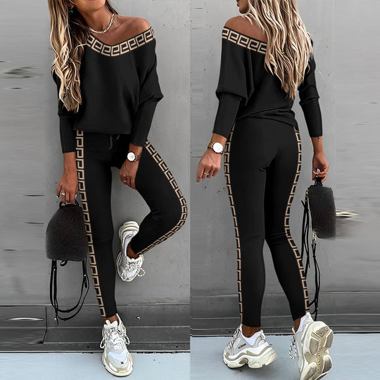 Damen Freizeit Set mit glitzerndem Motiv und offenem Schulterdesign R&B