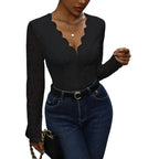 Damen Spitze Bodysuit mit V-Ausschnitt und langen Ärmeln R&B