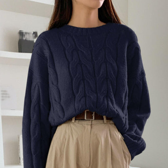 Damen Gemusterter Strickpullover mit voluminösen Ärmeln und Rundhalsausschnitt R&B