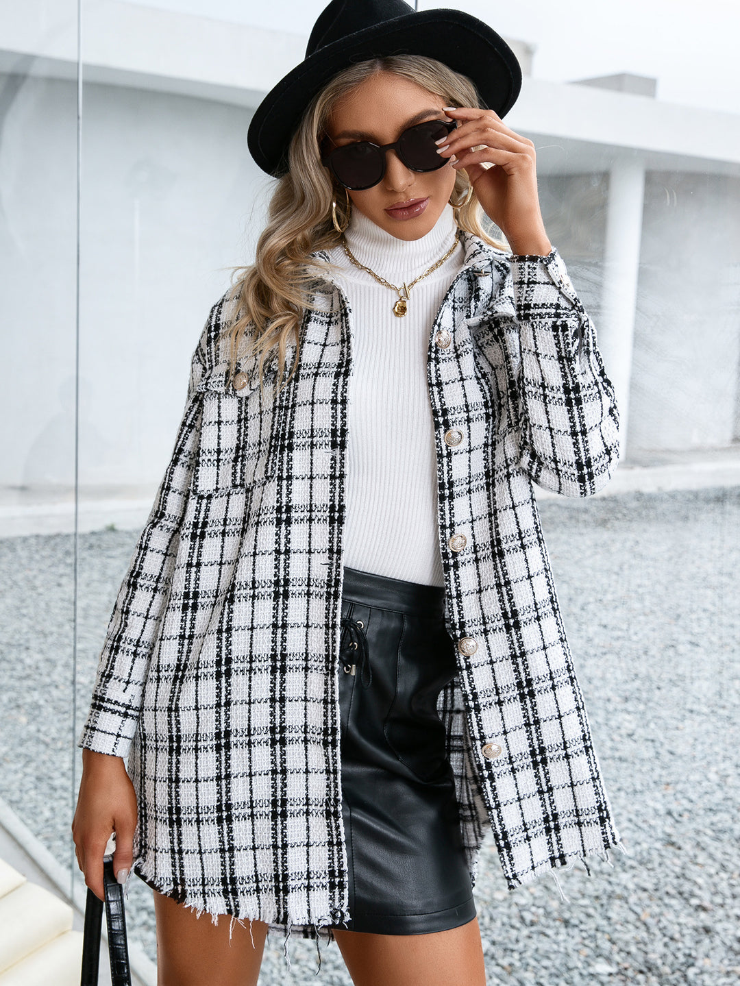 Damen Karierte Overshirtjacke mit lässigem Schnitt und Fransen R&B