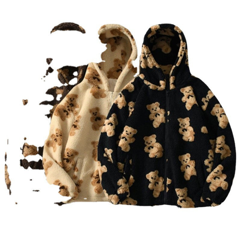 Damen gemütliche Fleecejacke mit Kapuze und süßem Bärenmuster R&B