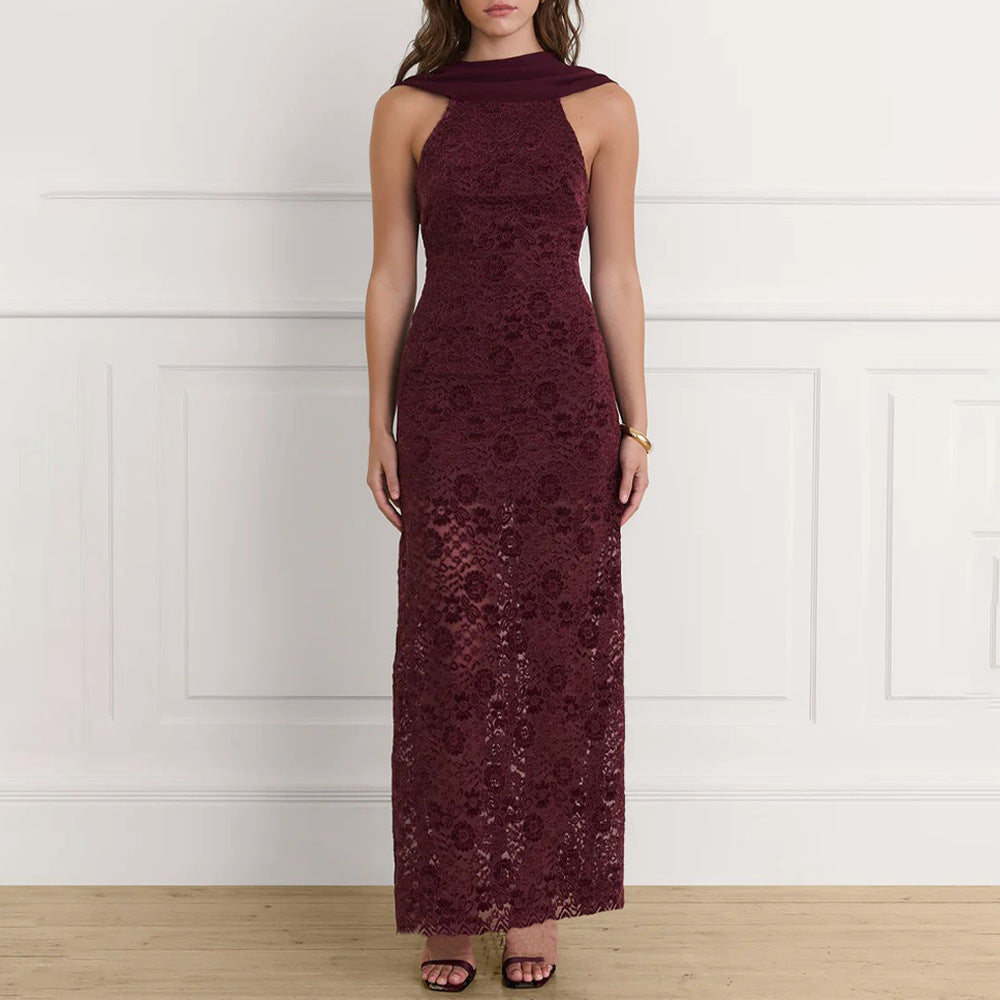 Damen Elegantes Maxikleid mit raffinierter Spitzenverzierung und schickem Halterneck R&B