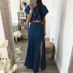 Damen Zweiteiliges Outfit mit cropped Oberteil und hohem Schlitzrock R&B