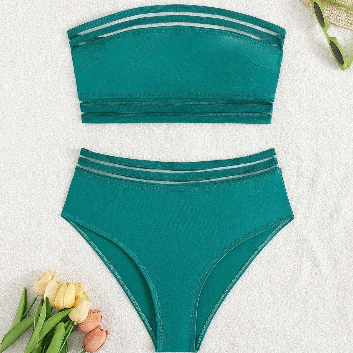 Damen Off-Shoulder Bikini-Set mit hohem Bund R&B