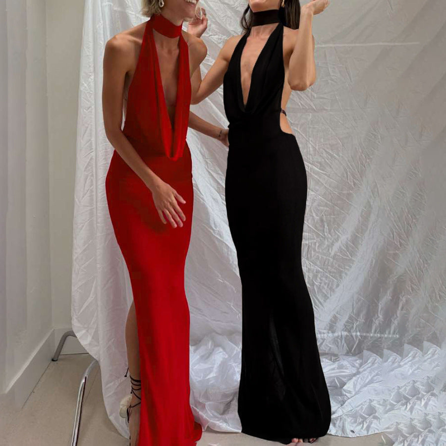 Damen Elegantes Abendkleid mit schimmerndem tiefem V-Ausschnitt und figurschmeichelnder Silhouette R&B