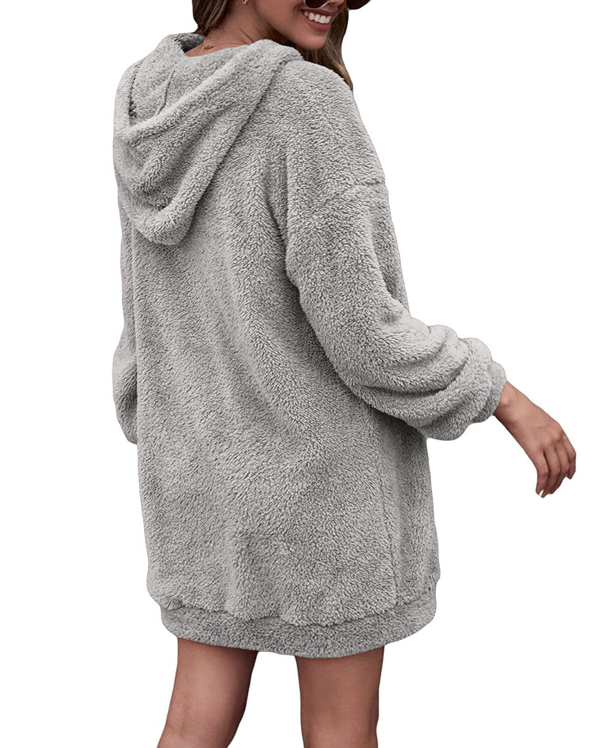 Damen kuscheliges Fleece-Kleid mit Kapuze und Taschen R&B