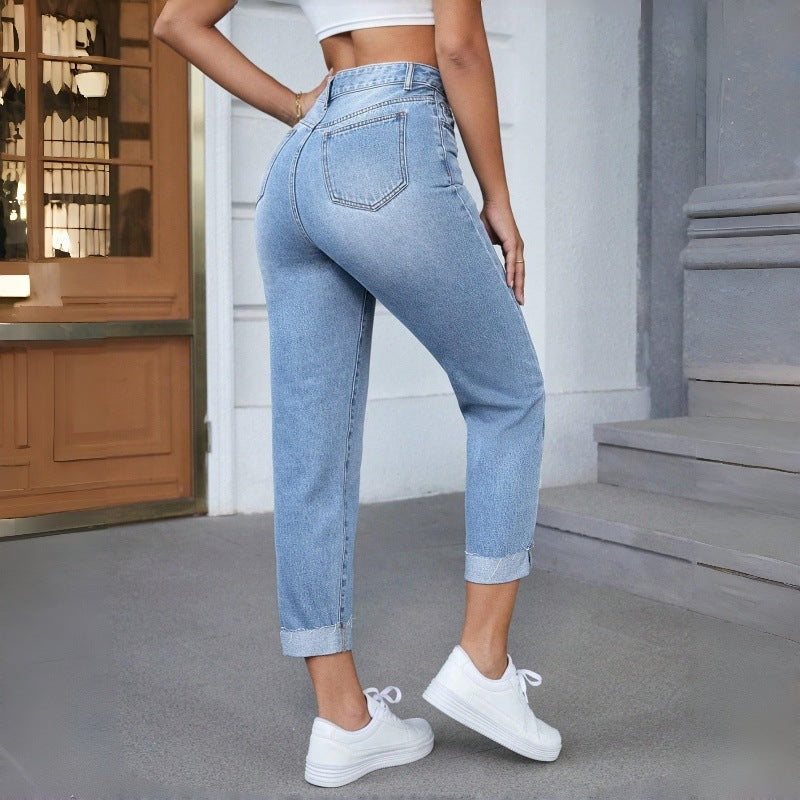 Damen Hochgeschnittene Jeans mit ausgefranztem Saum R&B