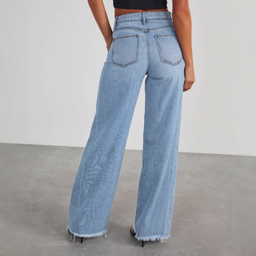 Damen Weite Jeans im lässigen Vintage-Stil mit fransigem Saum R&B