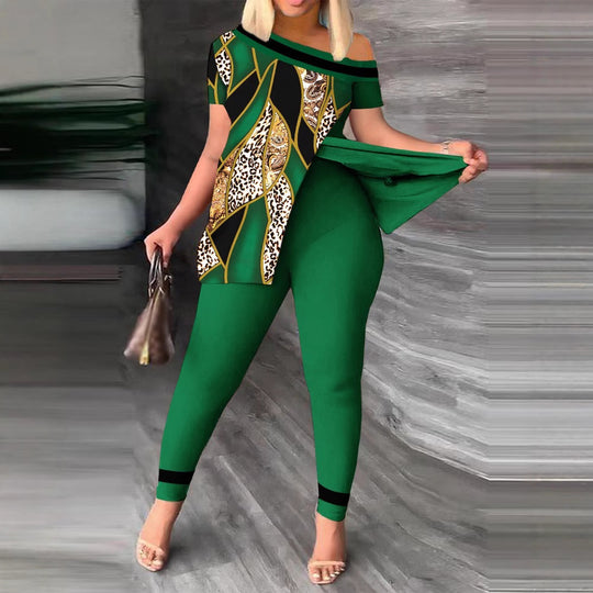 Damen modernes und elegantes Set mit asymmetrischem Oberteil und figurbetonten Hosen R&B