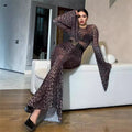 Damen Elegant schimmerndes Maxikleid mit langen Ärmeln und Leopardenmuster R&B