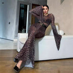 Damen Elegant schimmerndes Maxikleid mit langen Ärmeln und Leopardenmuster R&B
