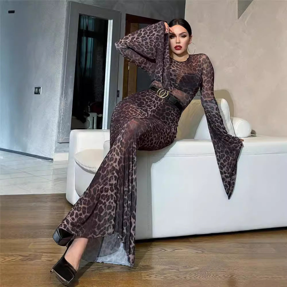 Damen Elegant schimmerndes Maxikleid mit langen Ärmeln und Leopardenmuster R&B