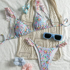 Damen Triangel-Bikini-Set mit floralen Rüschendetails und verstellbaren Trägern R&B