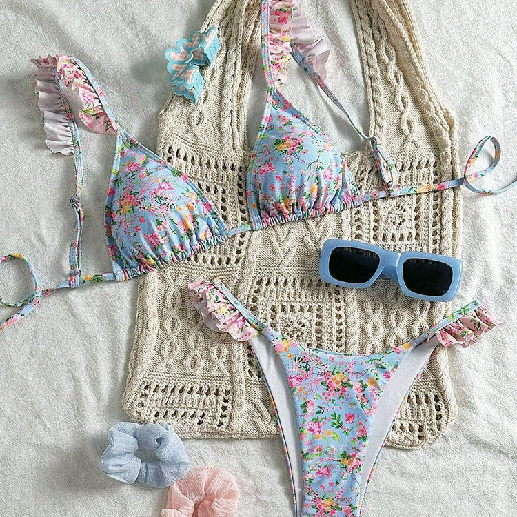 Damen Triangel-Bikini-Set mit floralen Rüschendetails und verstellbaren Trägern R&B