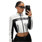 Damen Sportliche cropped Jacke aus Kunstleder mit Kontrastdetails R&B