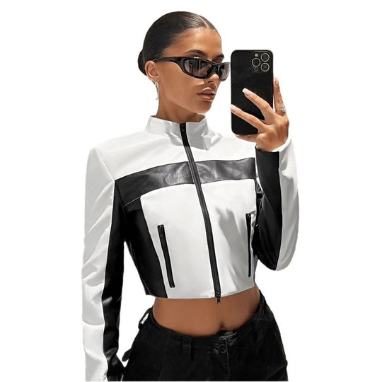 Damen Sportliche cropped Jacke aus Kunstleder mit Kontrastdetails R&B