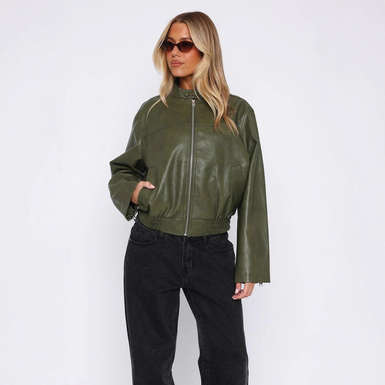 Damen Kunstleder Jacke mit elastischem Bund und hohem Stehkragen R&B