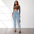 Damen Hochtaillierte Skinny Jeans mit modischen Rissen und eleganter Knopfleiste R&B