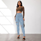 Damen Hochtaillierte Skinny Jeans mit modischen Rissen und eleganter Knopfleiste R&B