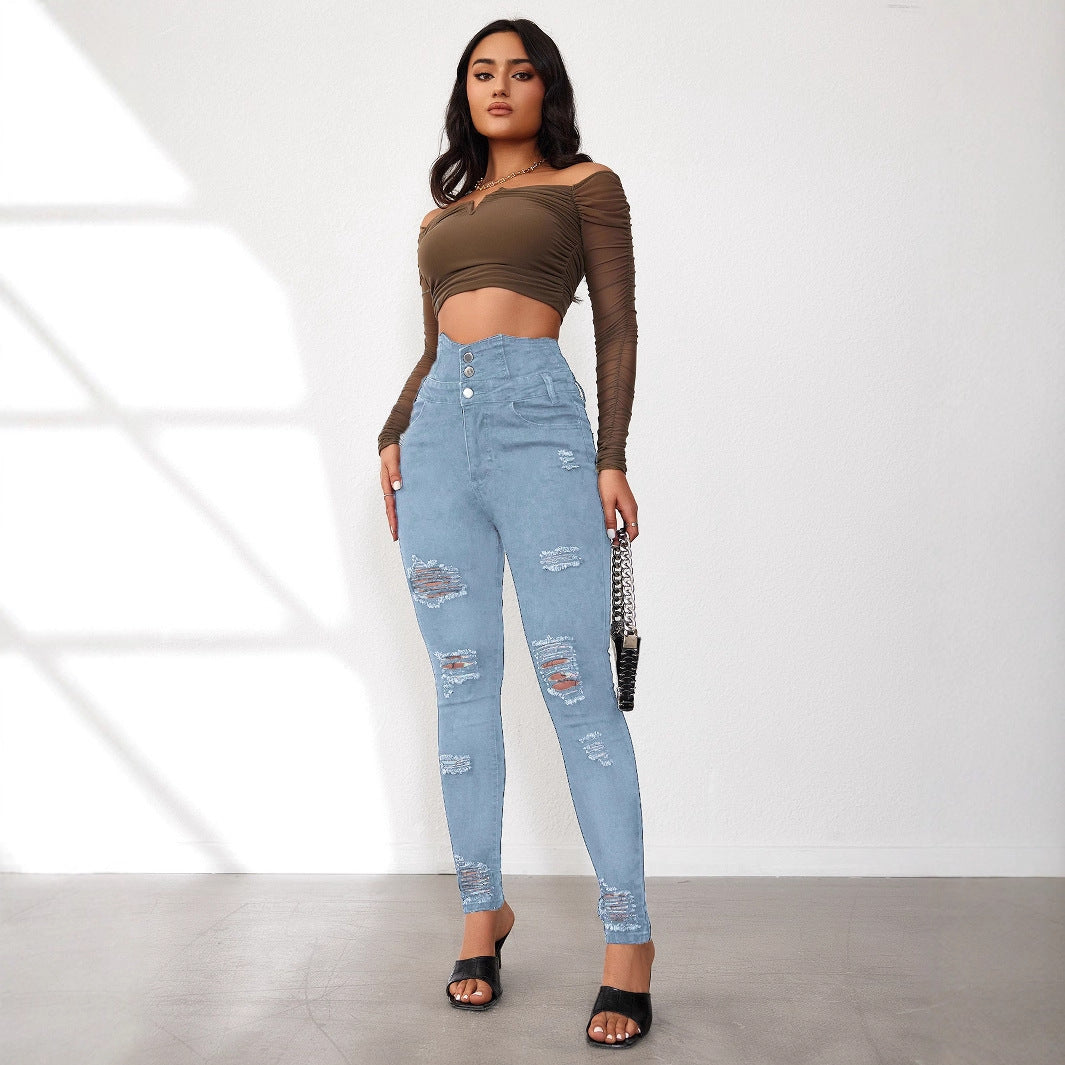 Damen Hochtaillierte Skinny Jeans mit modischen Rissen und eleganter Knopfleiste R&B