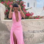 Damen Elegantes Maxikleid mit tiefem V-Ausschnitt und hohem Schlitz EB