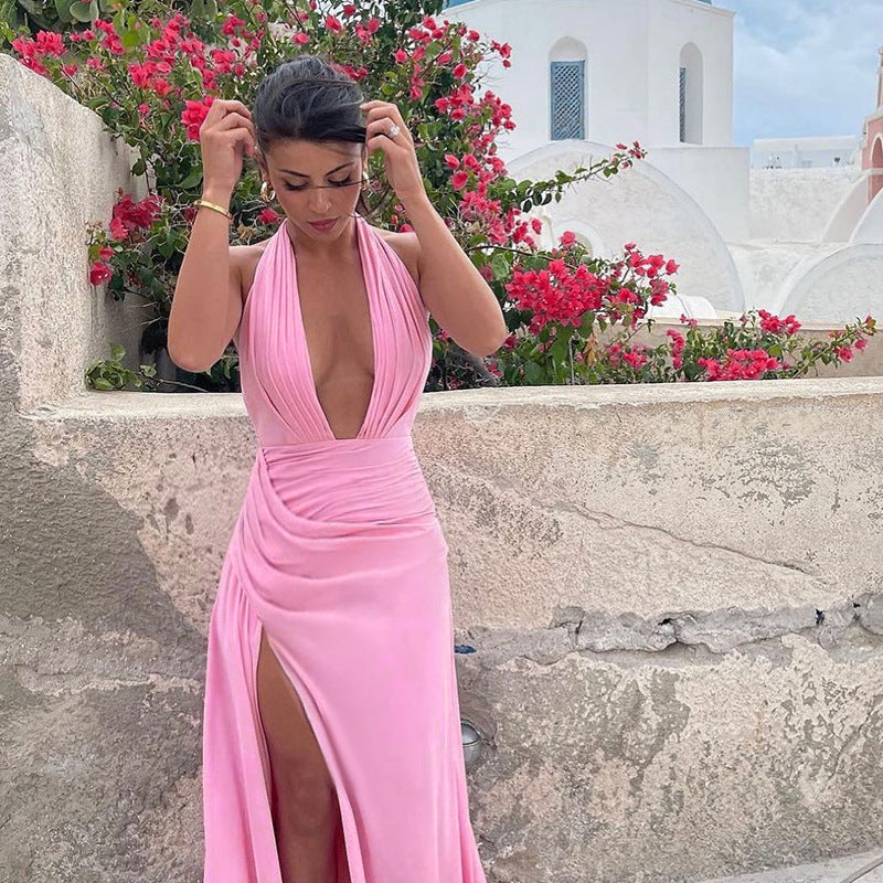 Damen Elegantes Maxikleid mit tiefem V-Ausschnitt und hohem Schlitz EB