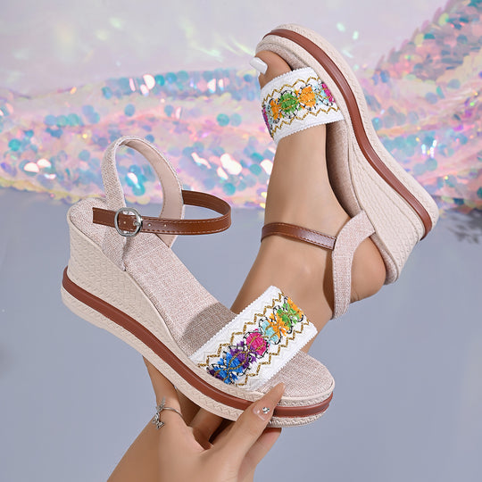 Damen Wedge-Sandalen mit buntem Stickereibesatz und komfortablem Riemchen R&B