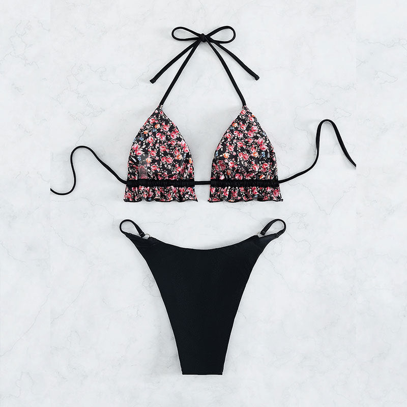 Damen Triangel-Bikini-Set mit verspieltem Blumendetail und hohem Beinausschnitt R&B