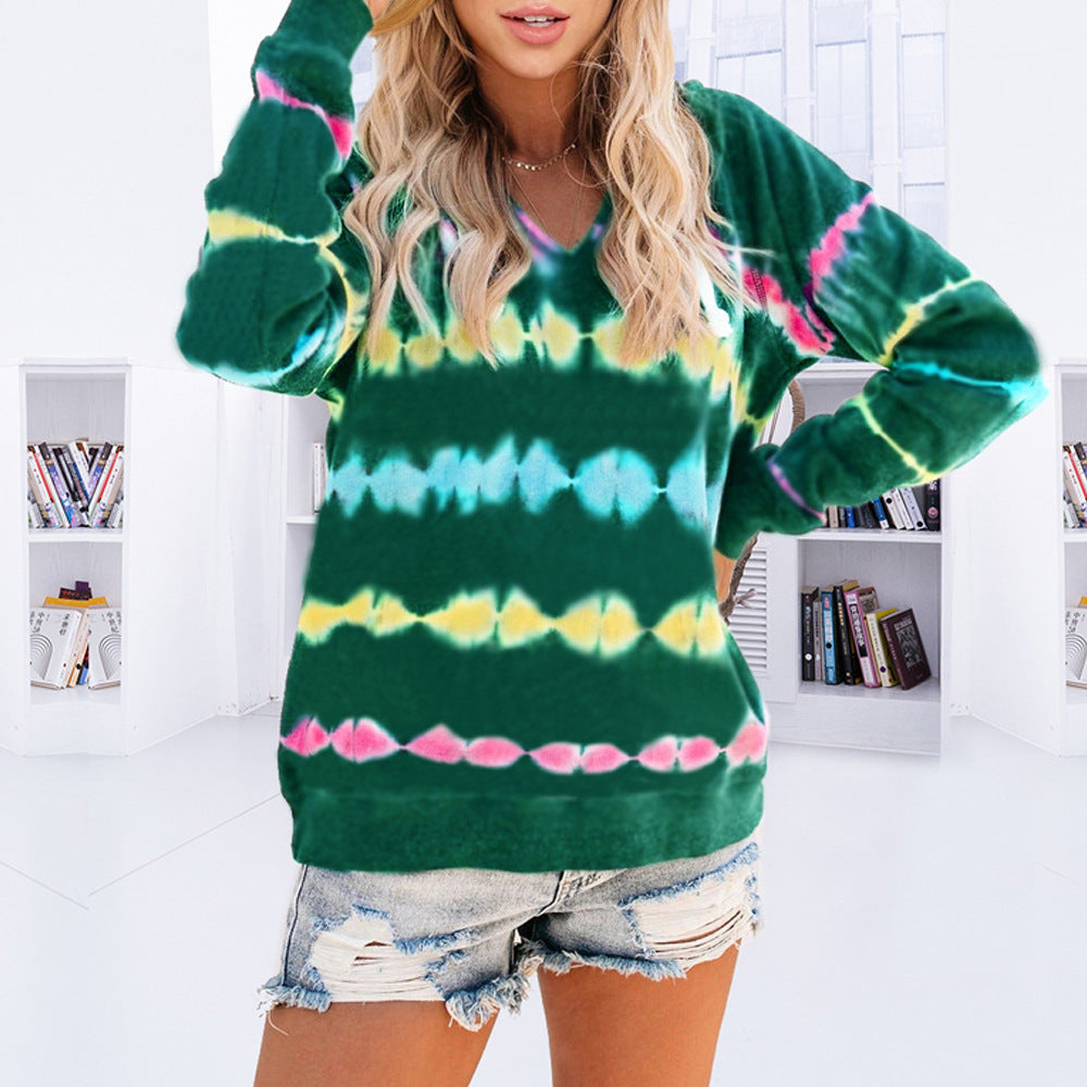 Damen lässiger V-Ausschnitt Pullover im modischen Tie-Dye-Design R&B